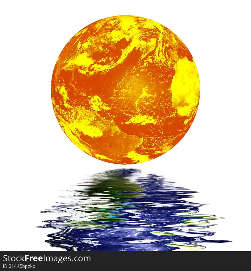 Planet earth reflected on top of water, global warming concept