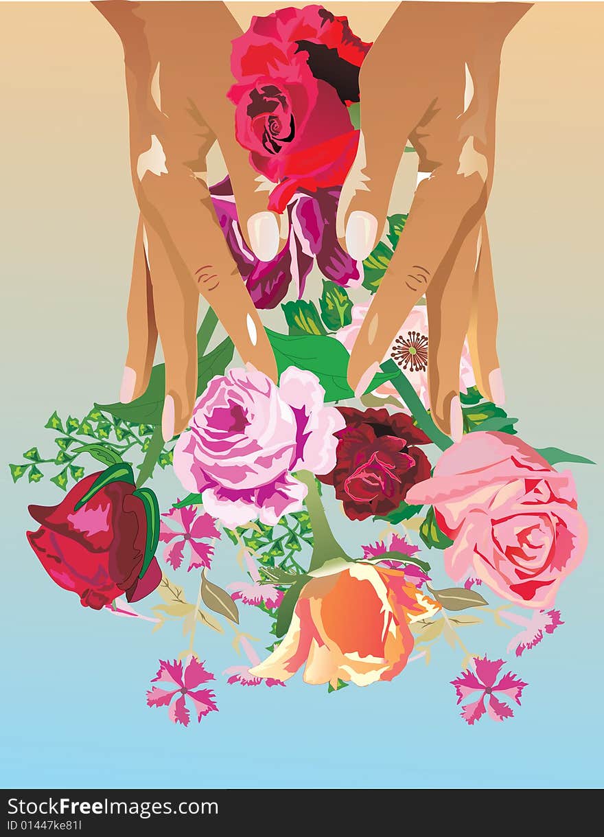 Illustration with hands holding flowers. Illustration with hands holding flowers