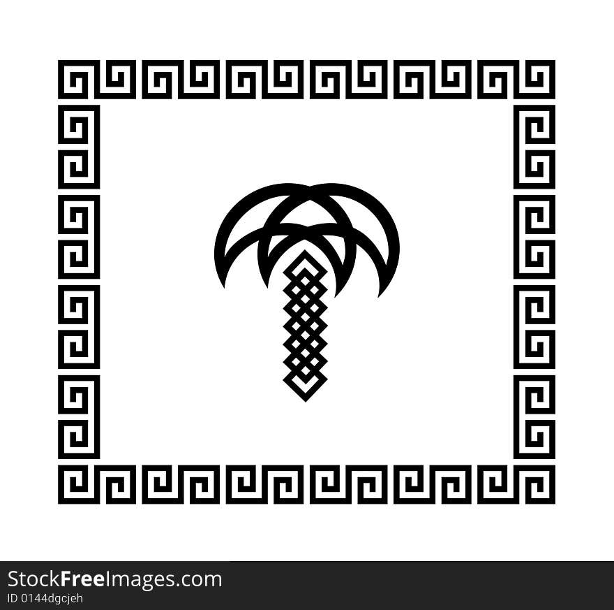 Black-and-white illustration of a palm tree in an antique framework. Black-and-white illustration of a palm tree in an antique framework