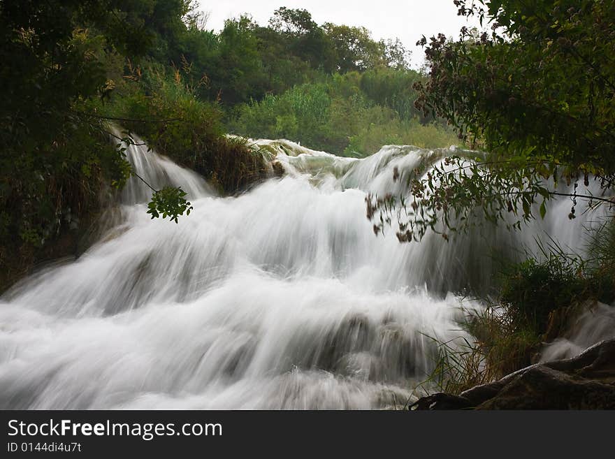 Cascading waterfall in the park