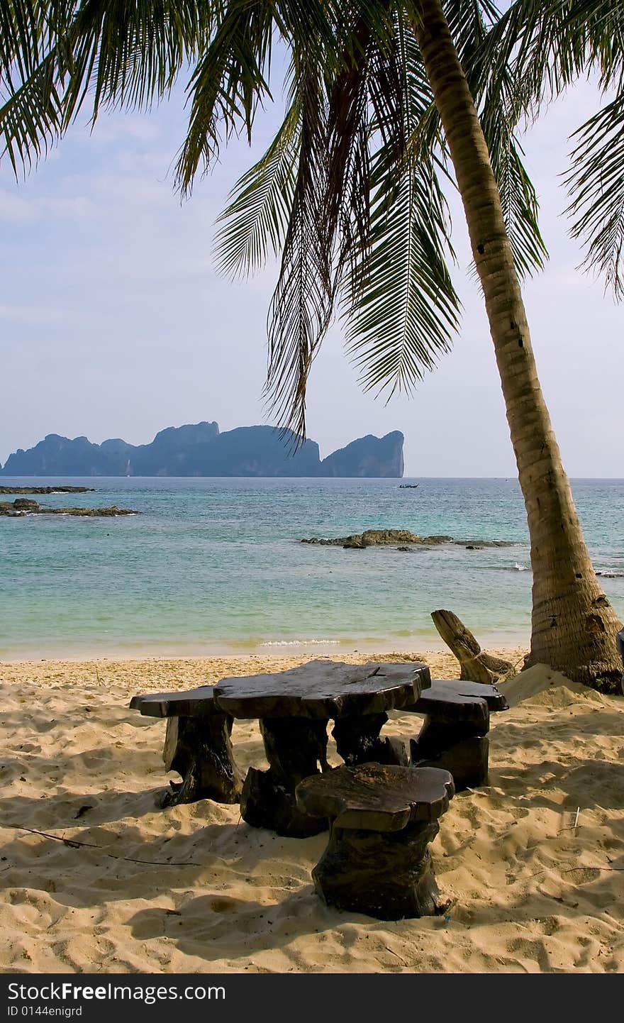 Coco palms on the beach, sand, sky and lonely island in gave. Coco palms on the beach, sand, sky and lonely island in gave