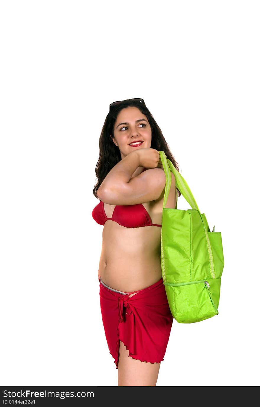 Pretty girl in swimsuit with green bag