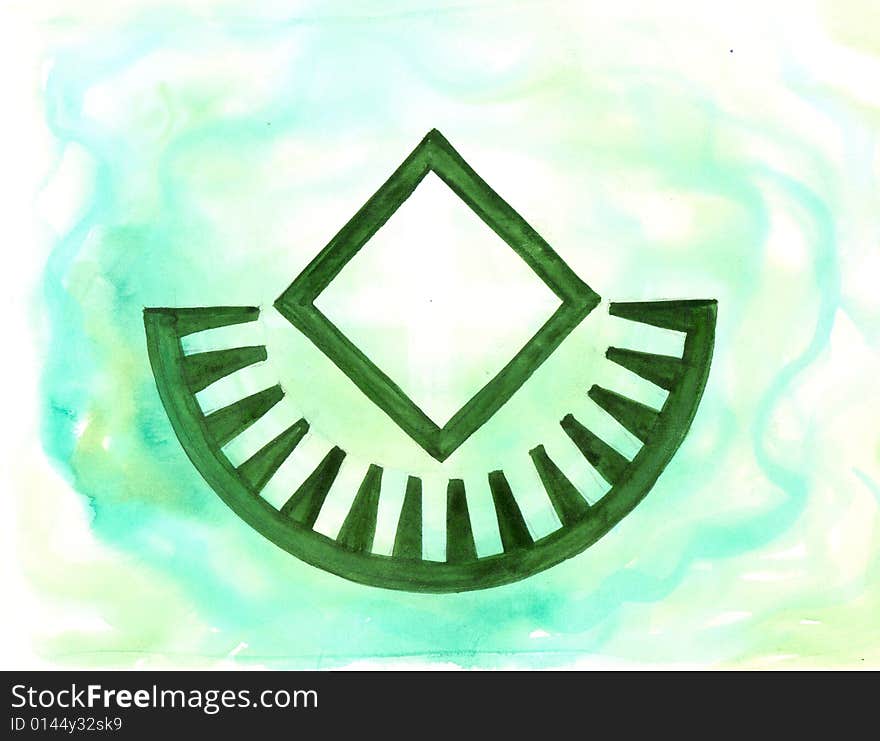 Watercolours painting with green rune and white-green background. Watercolours painting with green rune and white-green background