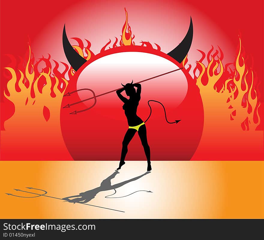 Devil woman shape holding a trident and standing in front of fire flames. Devil woman shape holding a trident and standing in front of fire flames