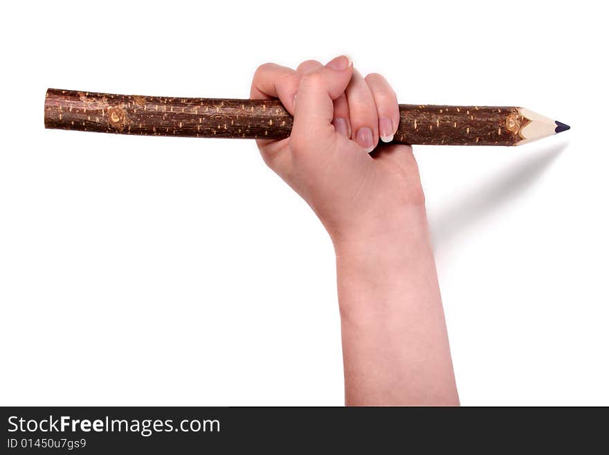 Hand with wooden pencil on white