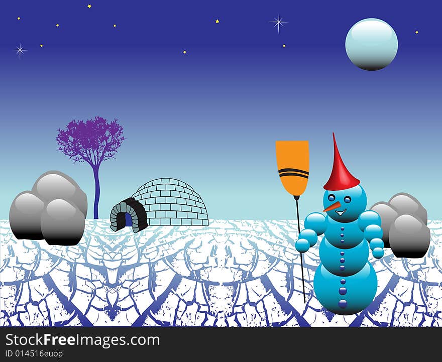 Abstract colored illustration with snowman, igloo, moon, tree and shiny rocks. Abstract colored illustration with snowman, igloo, moon, tree and shiny rocks