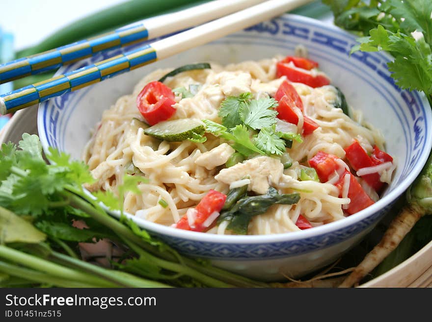 Japanese udon noodles with tofu and vegetables. Japanese udon noodles with tofu and vegetables