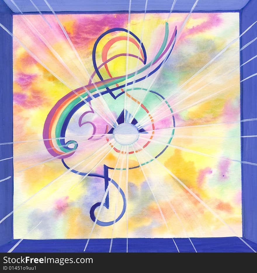 Watercolour hand drawn abstraction with coloured treble clef in coloured background