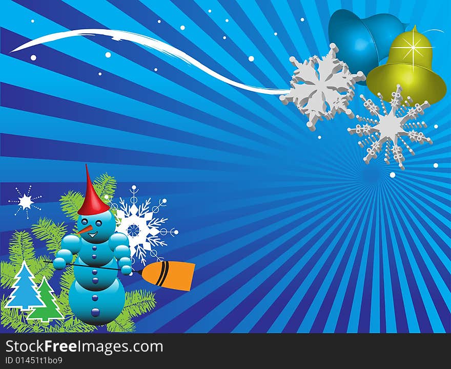 Abstract colored illustration with colorful bells, snowflakes, fir branch and small snowman with a broom. Abstract colored illustration with colorful bells, snowflakes, fir branch and small snowman with a broom