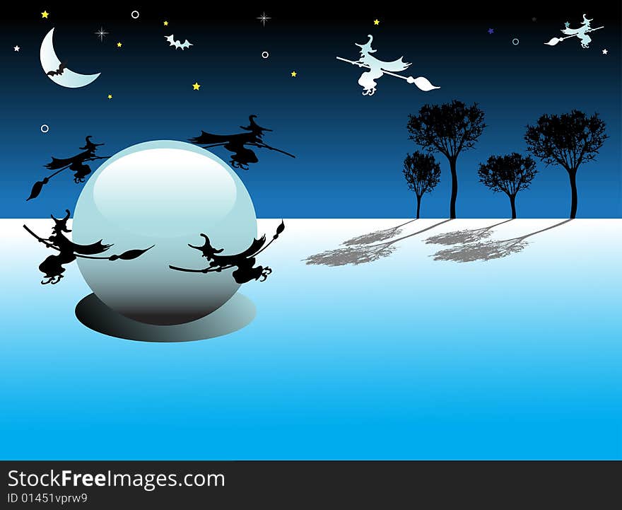 Abstract colored background with moon, stars, trees and witches flying around a huge crystal ball. Abstract colored background with moon, stars, trees and witches flying around a huge crystal ball