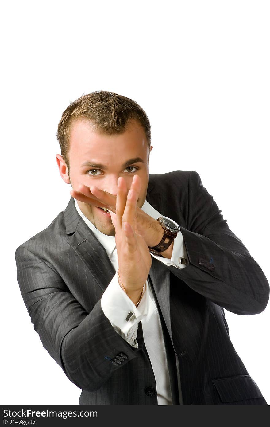 The happy young man on a white background