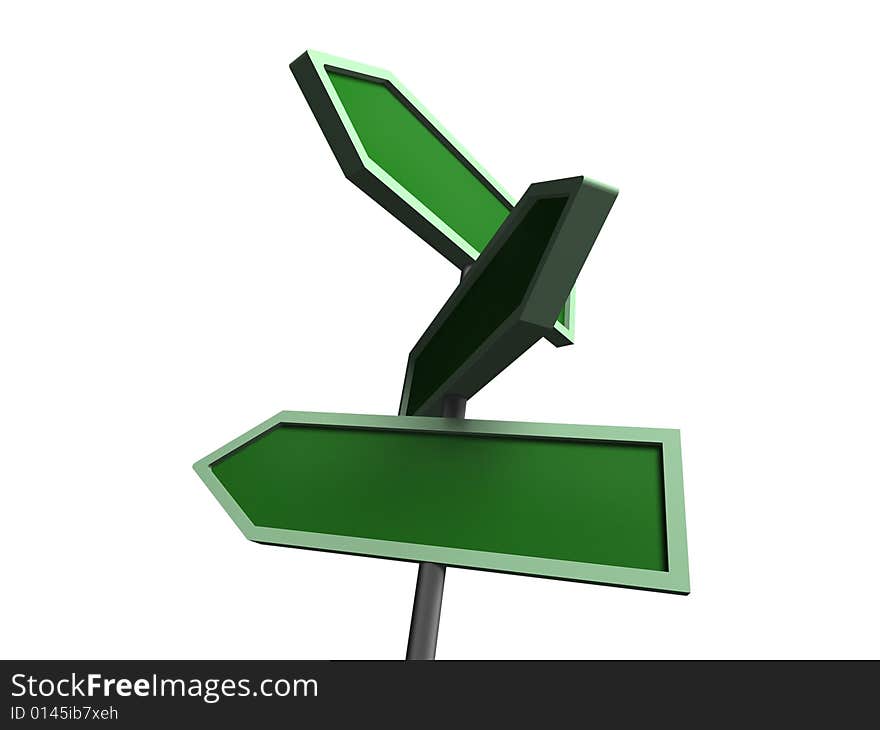 Isolated green road sign pointing. Isolated green road sign pointing