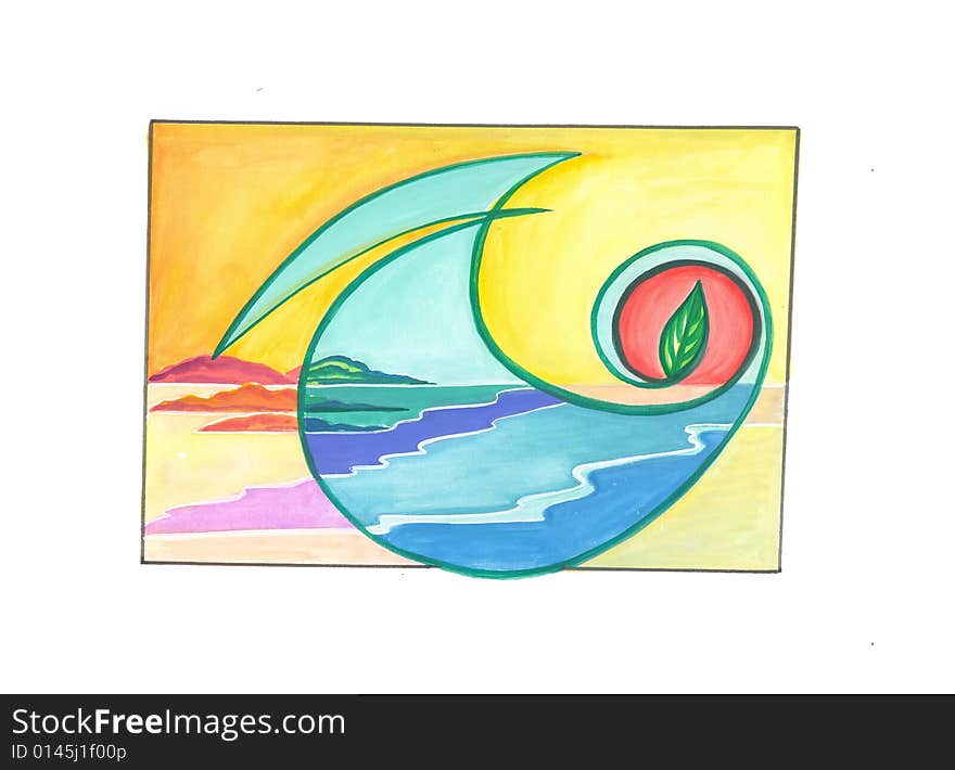 Hand drawn watercoloured picture with green leaf on red-orange sun in yellow-blue landscape. Hand drawn watercoloured picture with green leaf on red-orange sun in yellow-blue landscape