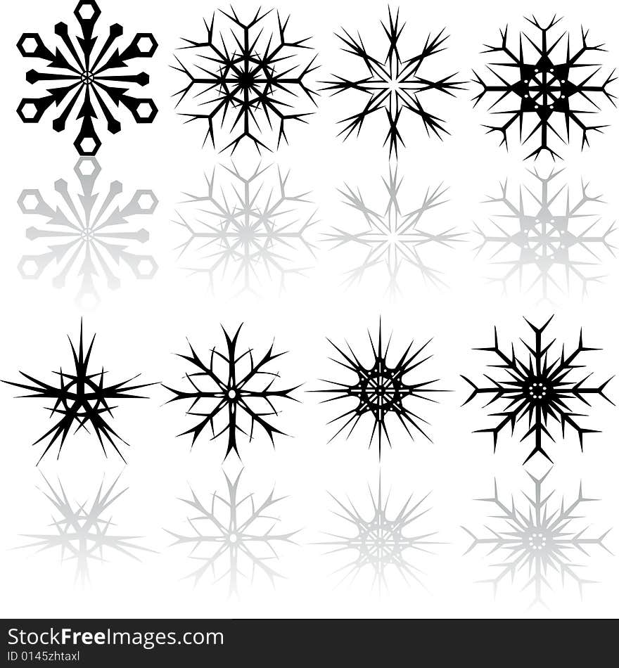 Snowflakes, isolated black on white