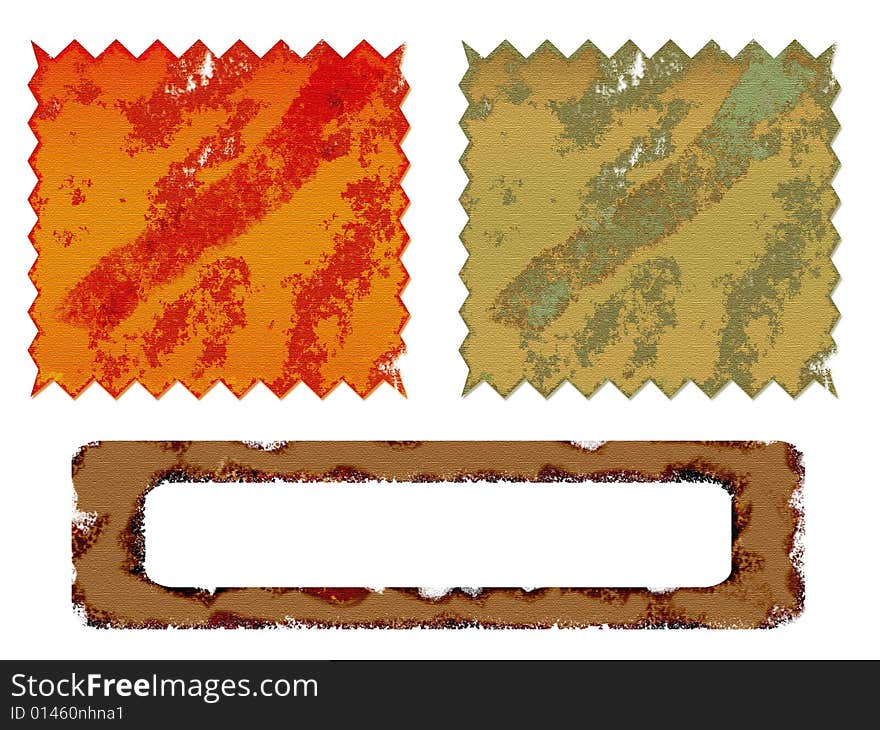 Three grunge textures: orange, green, brown on white