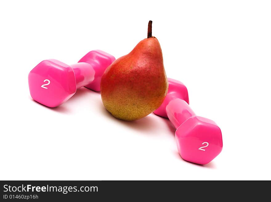 Two pink dumbbells with pear on the white background