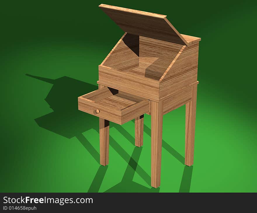 A computer generated image of a 3D model of a shaker desk, created with 3D Studio Max. This is a 3/4 front view with drawer and lid open. A computer generated image of a 3D model of a shaker desk, created with 3D Studio Max. This is a 3/4 front view with drawer and lid open.