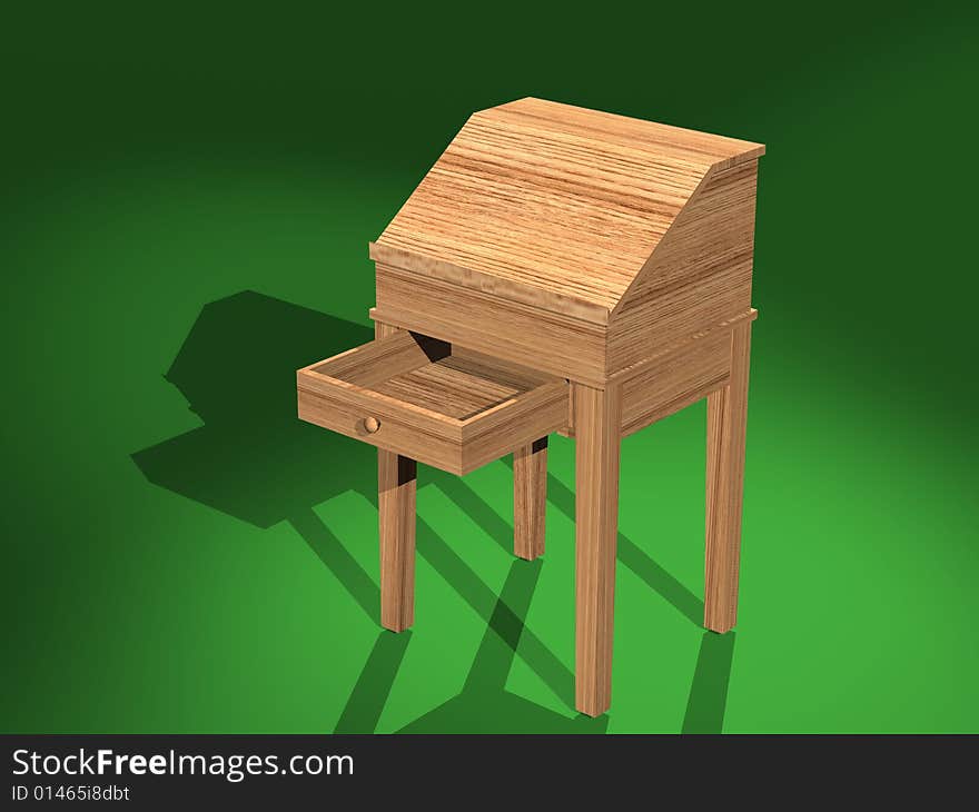 A computer generated image of a 3D model of a shaker desk, created with 3D Studio Max. This is a 3/4 front view with drawer open. A computer generated image of a 3D model of a shaker desk, created with 3D Studio Max. This is a 3/4 front view with drawer open.