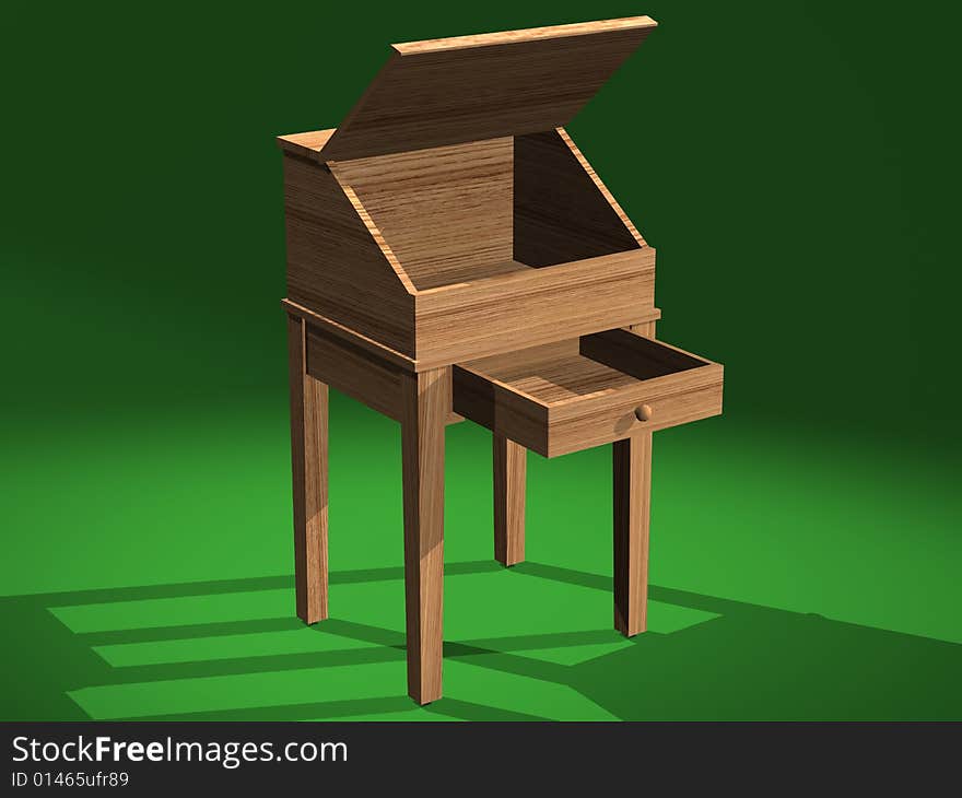 A computer generated image of a 3D model of a shaker desk, created with 3D Studio Max. This is a 3/4 front view with drawer and lid open. A computer generated image of a 3D model of a shaker desk, created with 3D Studio Max. This is a 3/4 front view with drawer and lid open.