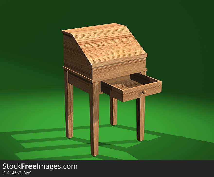 A computer generated image of a 3D model of a shaker desk, created with 3D Studio Max. This is a 3/4 front view with drawer open. A computer generated image of a 3D model of a shaker desk, created with 3D Studio Max. This is a 3/4 front view with drawer open.