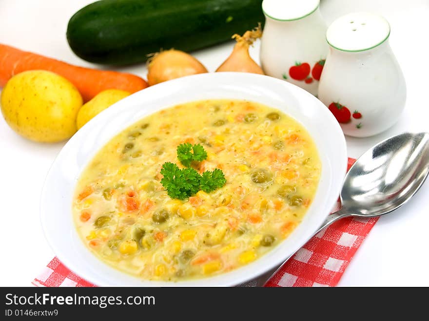 Stew-soup with red bell pepper,green pea,mixed vegetable.