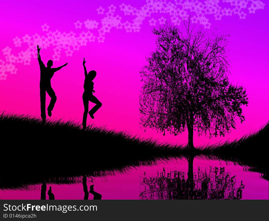 Black man and woman figures jumping in the sunset