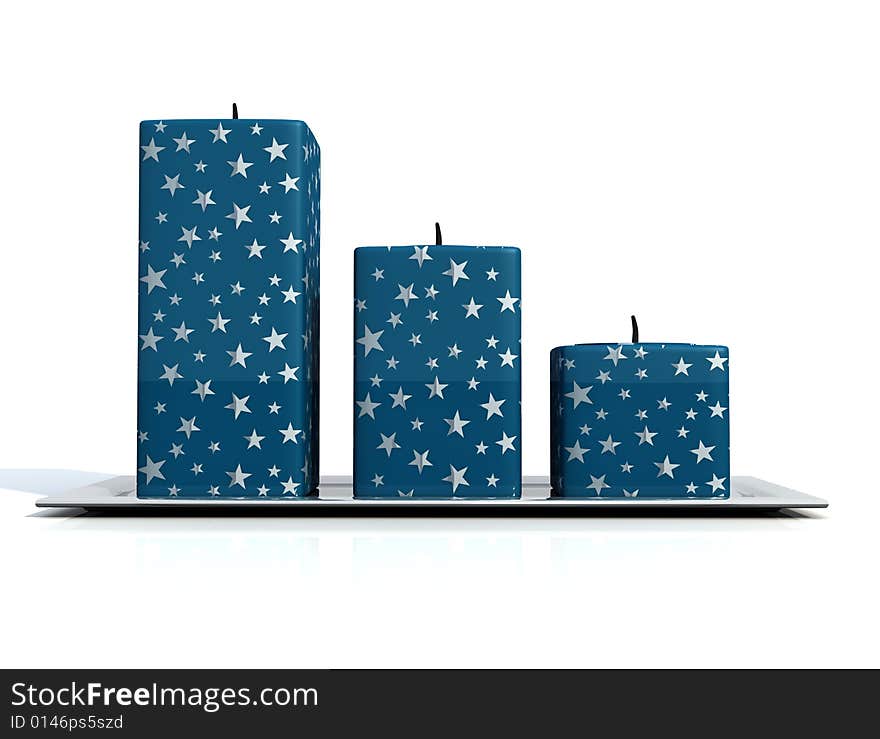 Christmas blue candle on silver tray - digital artwork. Christmas blue candle on silver tray - digital artwork