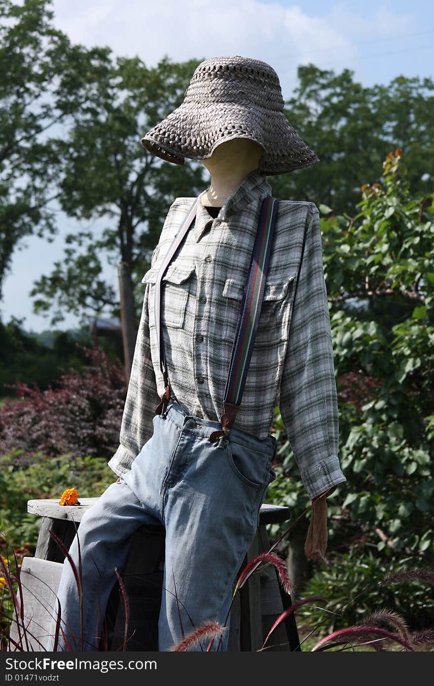 A nontraditional slender femine scarecrow standing in a field