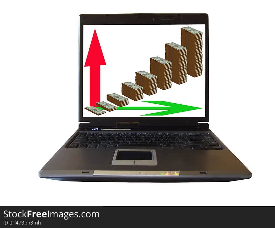 Rising prices in dollars, on a notebook screen, isolated