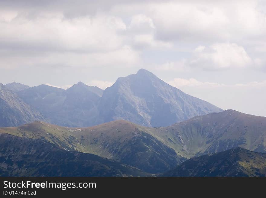 A view of Polish Tatra mountains on an overcast day