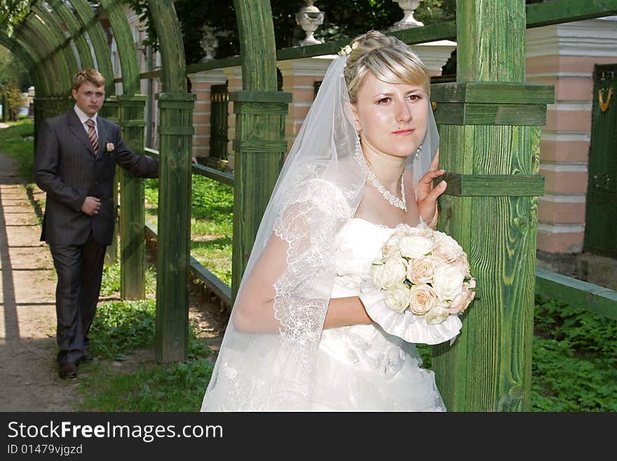 The groom and the bride walk in park in the summer. The groom and the bride walk in park in the summer