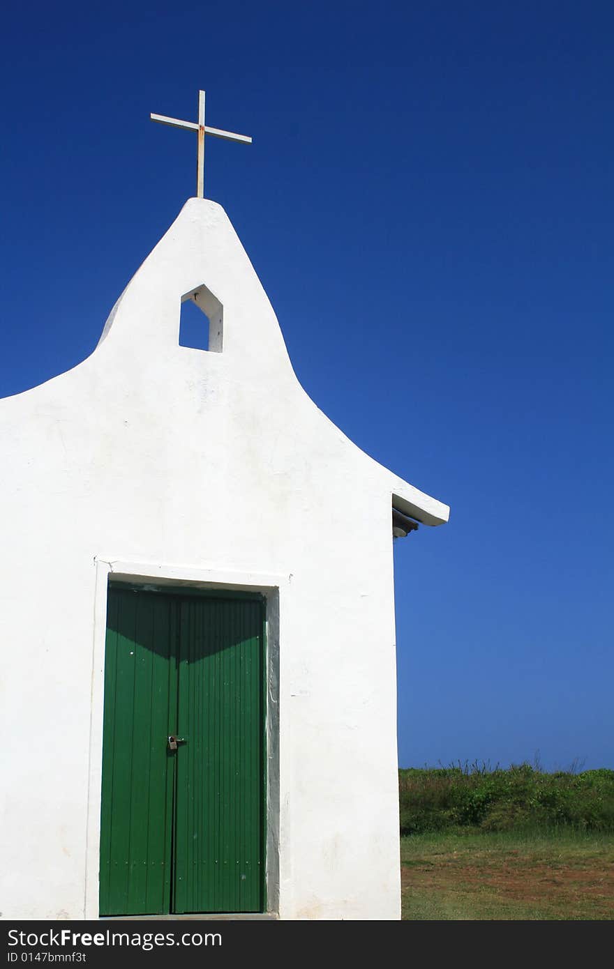 A small church on the hill on the Island of Fernando de Noronha called Capela de Sao Pedro dos Pescadores.