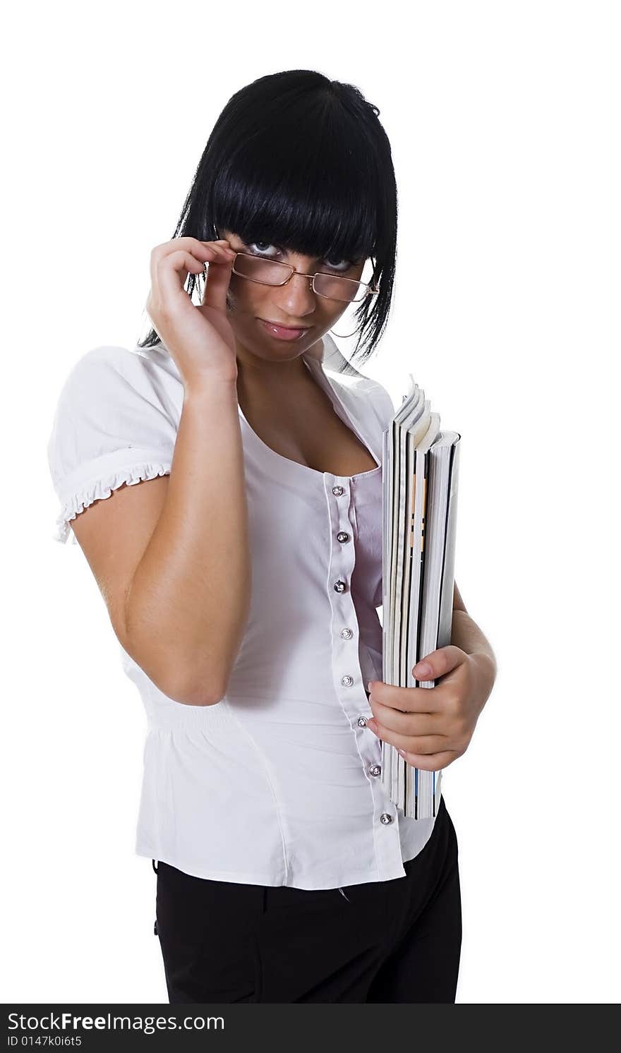 The student, a different angle view, with books, a pointer, the laptop, in points, standing and sitting, isolated on white. The student, a different angle view, with books, a pointer, the laptop, in points, standing and sitting, isolated on white