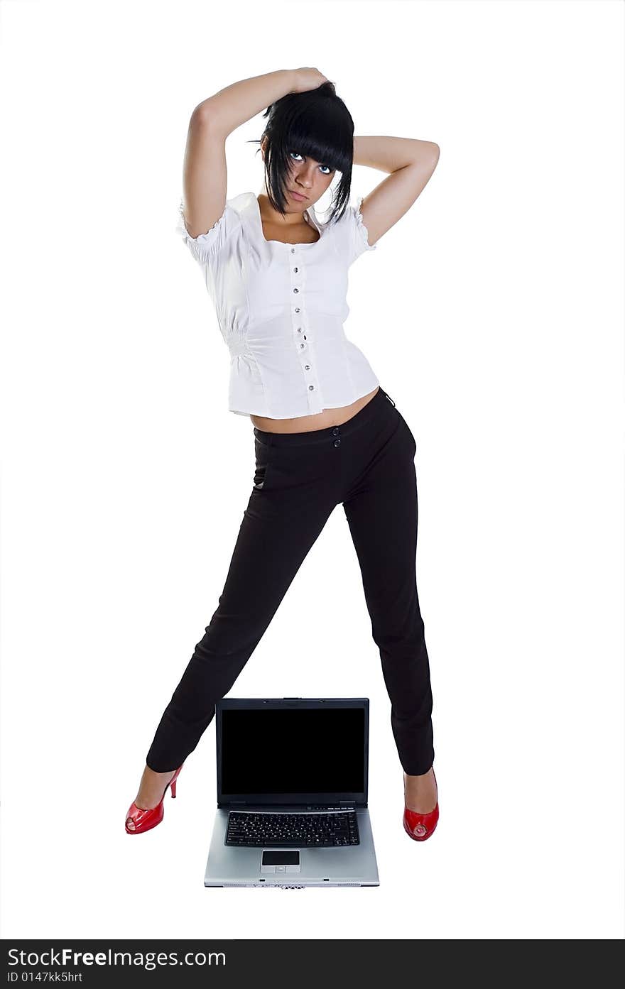 The student, a different angle view, with books, a pointer, the laptop, in points, standing and sitting, isolated on white. The student, a different angle view, with books, a pointer, the laptop, in points, standing and sitting, isolated on white