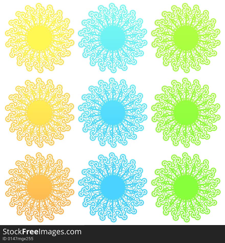 Vector illustration of a stylized retro funky suns with slick gradients. Vector illustration of a stylized retro funky suns with slick gradients.