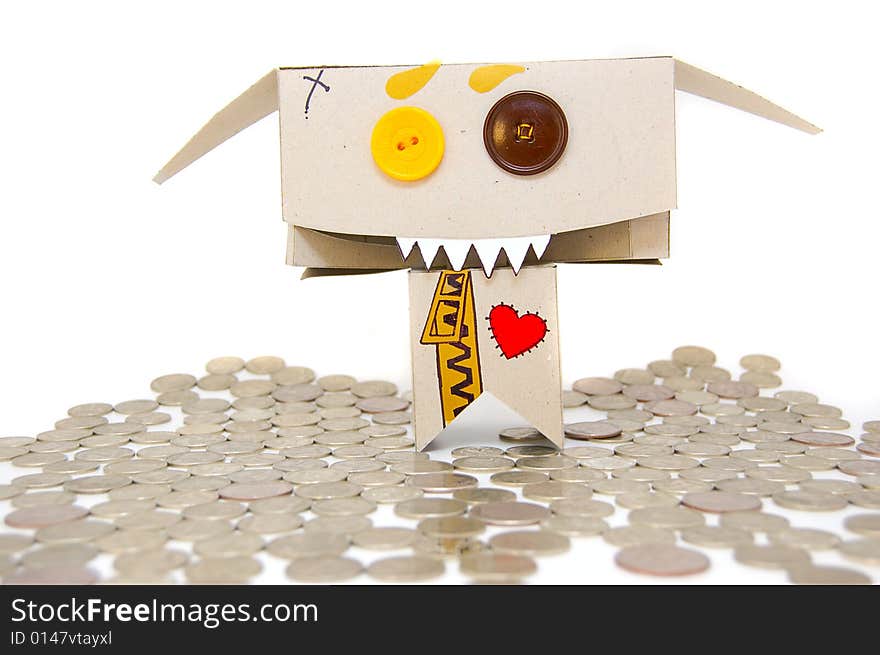 Metal coins and cardboard greedy person. Metal coins and cardboard greedy person