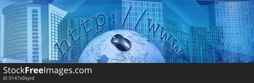 Design with an abstract background covered with business buildings. On the foreground a part of the globe with a mouse and around the text http://www. Design with an abstract background covered with business buildings. On the foreground a part of the globe with a mouse and around the text http://www.