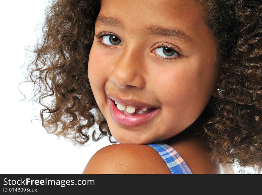 Portrait of beautiful biracial girl smiling isolated on white. Portrait of beautiful biracial girl smiling isolated on white