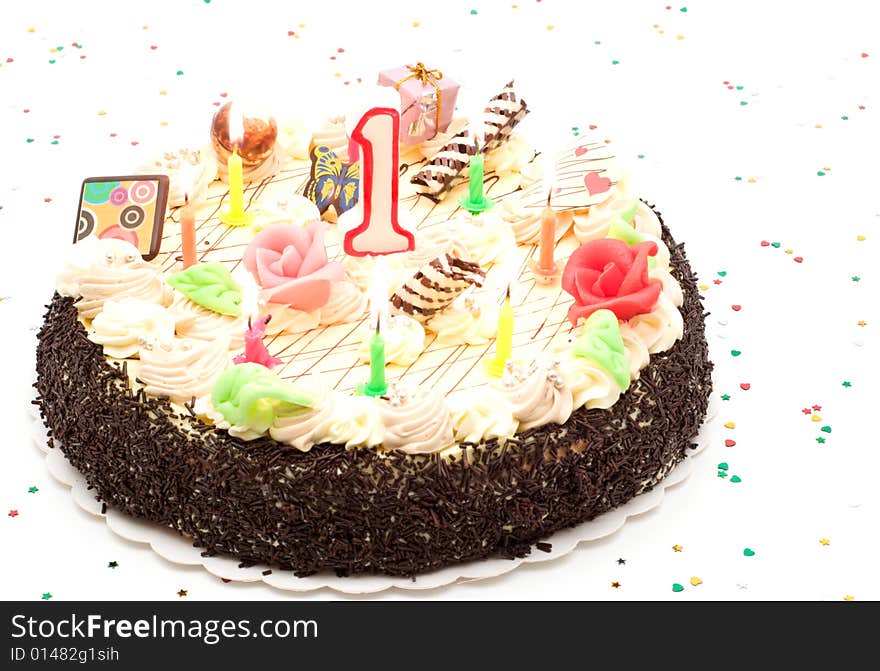 Cake with candle on white background