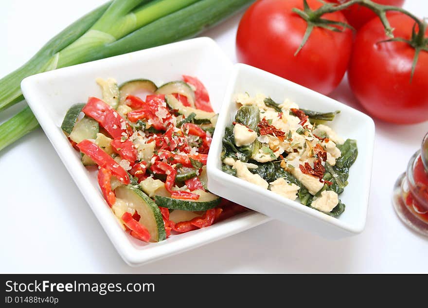 Some chinese antipasti with pak choi and peppers