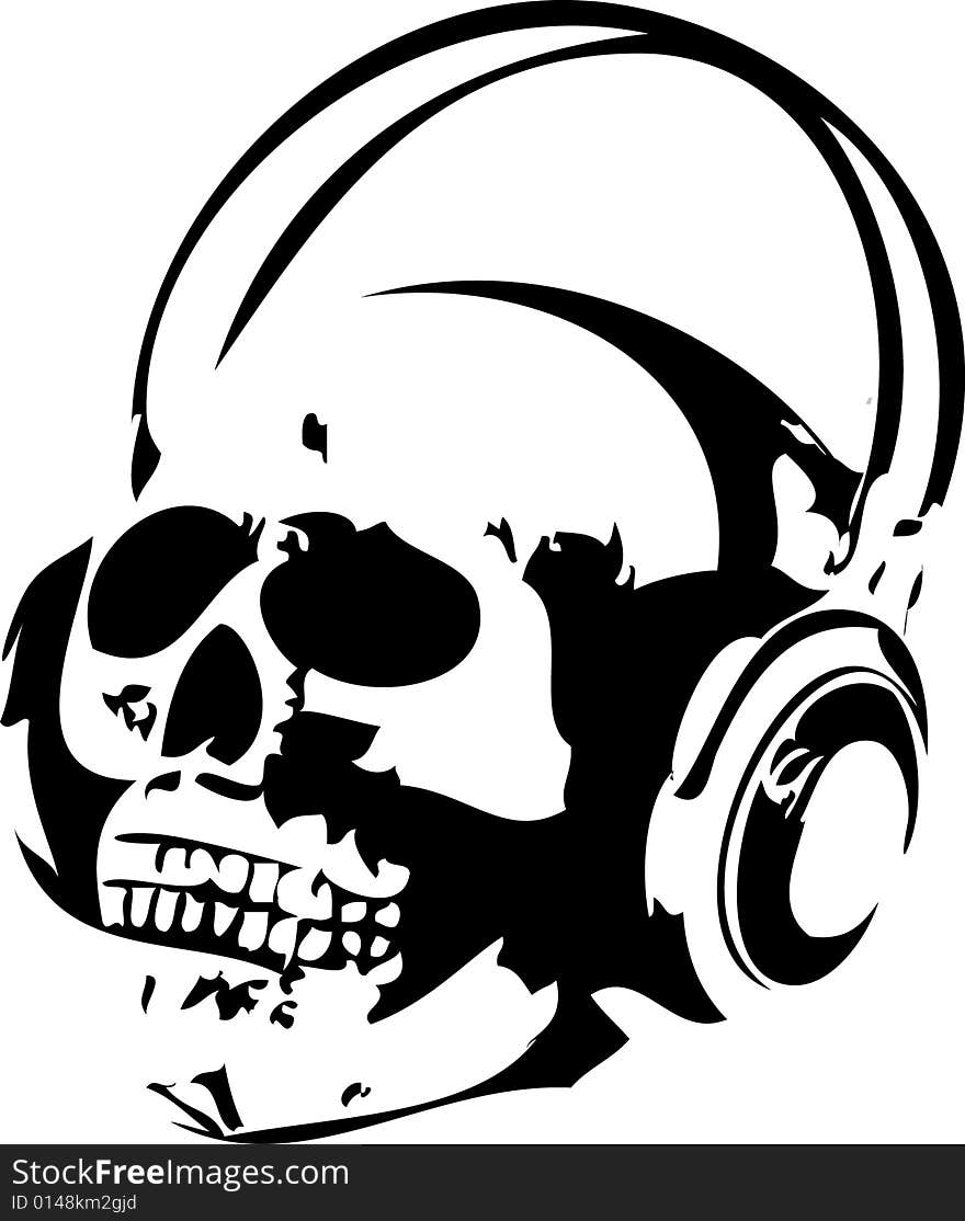 Black and white skull head with headphones on. Black and white skull head with headphones on