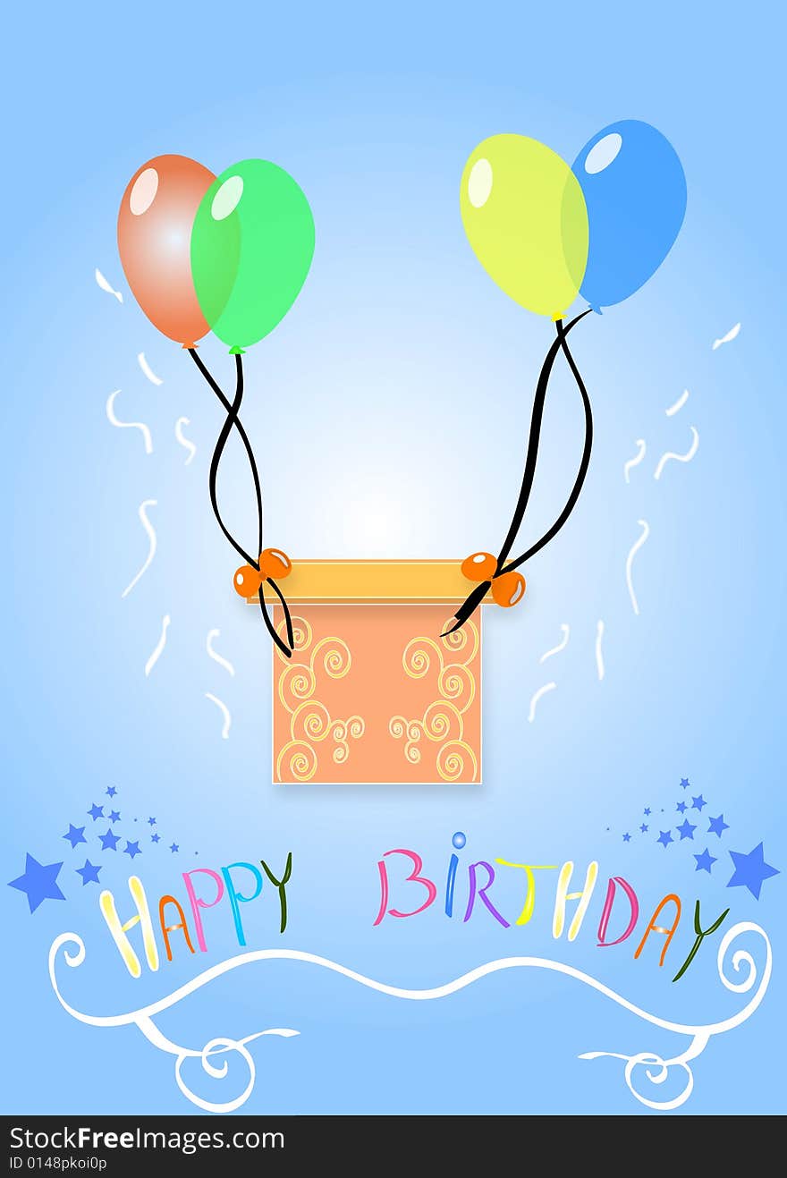 Birthday gift with balloons isolated on blue background. Birthday gift with balloons isolated on blue background