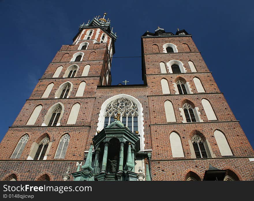 Main square in cracow/ krakow, very famous church, st. mary, called mariacki. Main square in cracow/ krakow, very famous church, st. mary, called mariacki