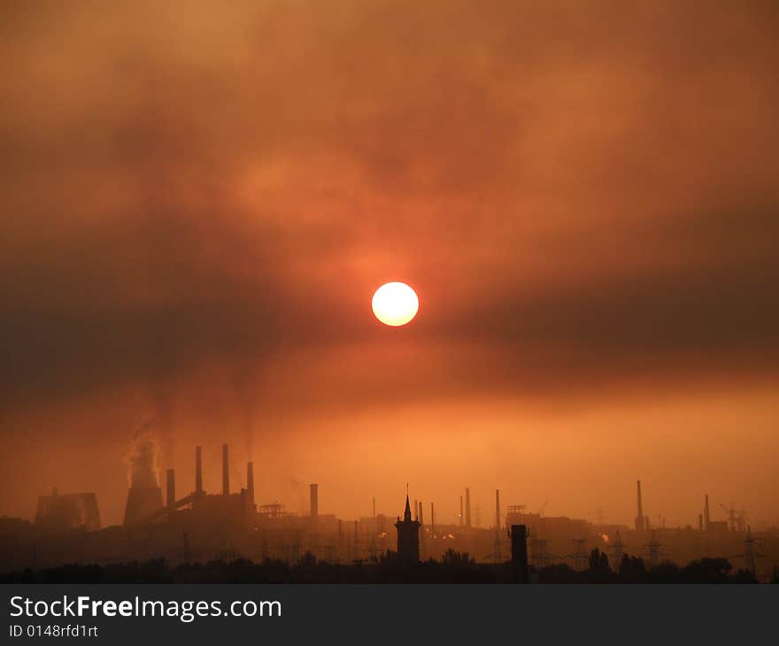 This is a view on the industry part of Zaporizhzhya with a rising sun. This is a view on the industry part of Zaporizhzhya with a rising sun...