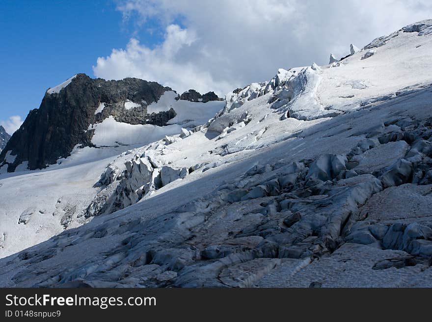 Snow covered glacier in caucasus mountains