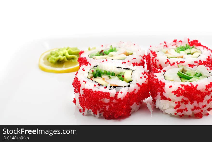 Rolls in Caviar with Vegetables and Greens. Isolated on White Background. Rolls in Caviar with Vegetables and Greens. Isolated on White Background