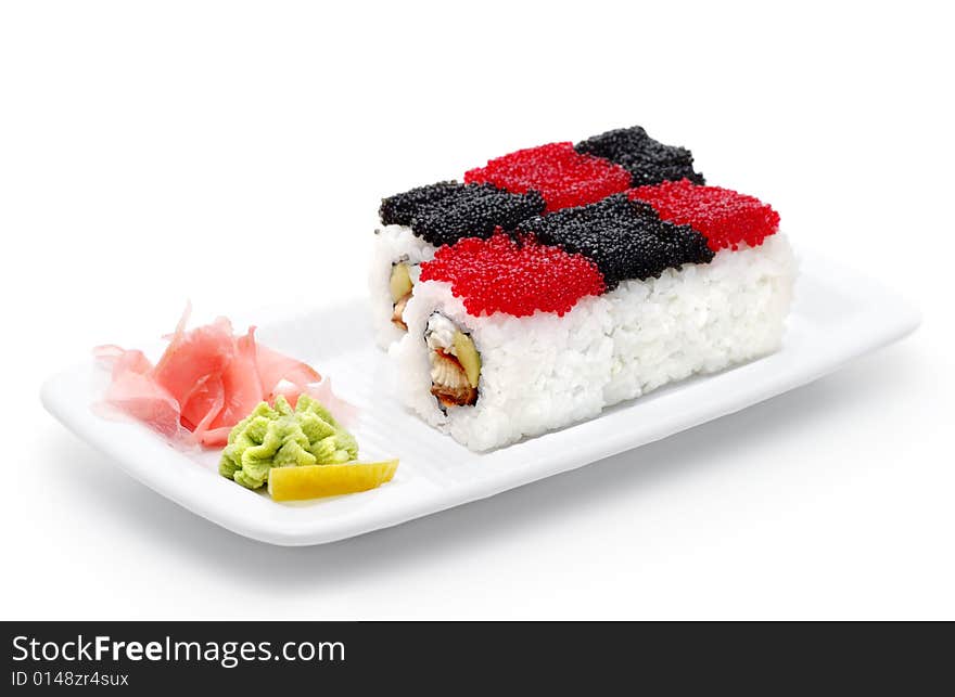 Rolls Chess with Red and Black Caviar. Isolated on White Background. Rolls Chess with Red and Black Caviar. Isolated on White Background