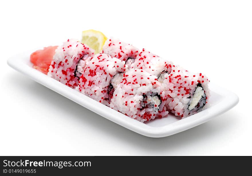 Rice Rolls with Caviar. Isolated on White Background. Rice Rolls with Caviar. Isolated on White Background