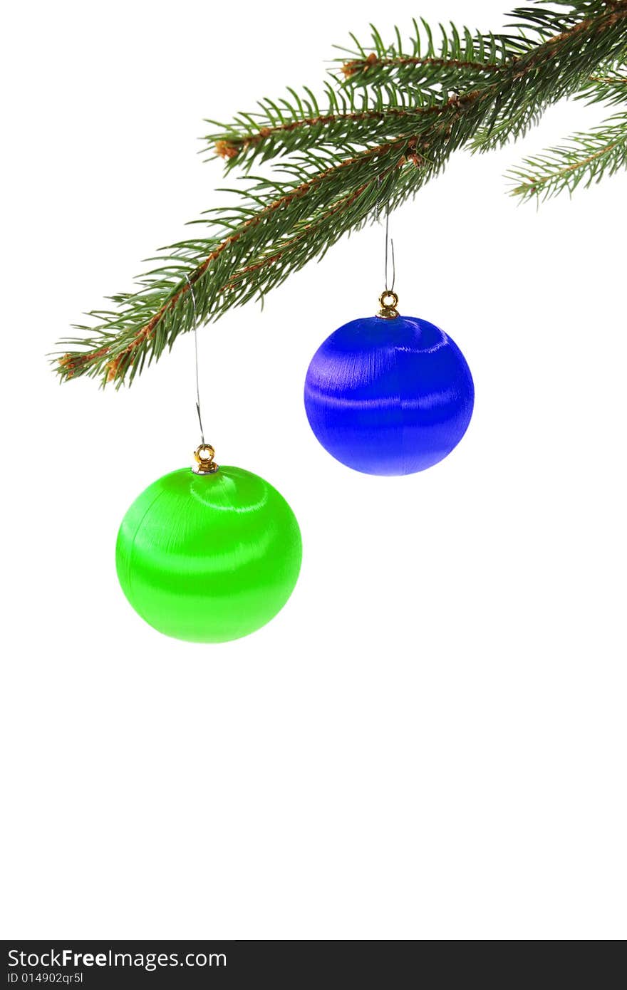 Colorful xmas balls on spruce branch