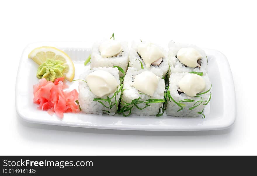 Rolls with Greens and Sauce. Isolated on White Background. Rolls with Greens and Sauce. Isolated on White Background